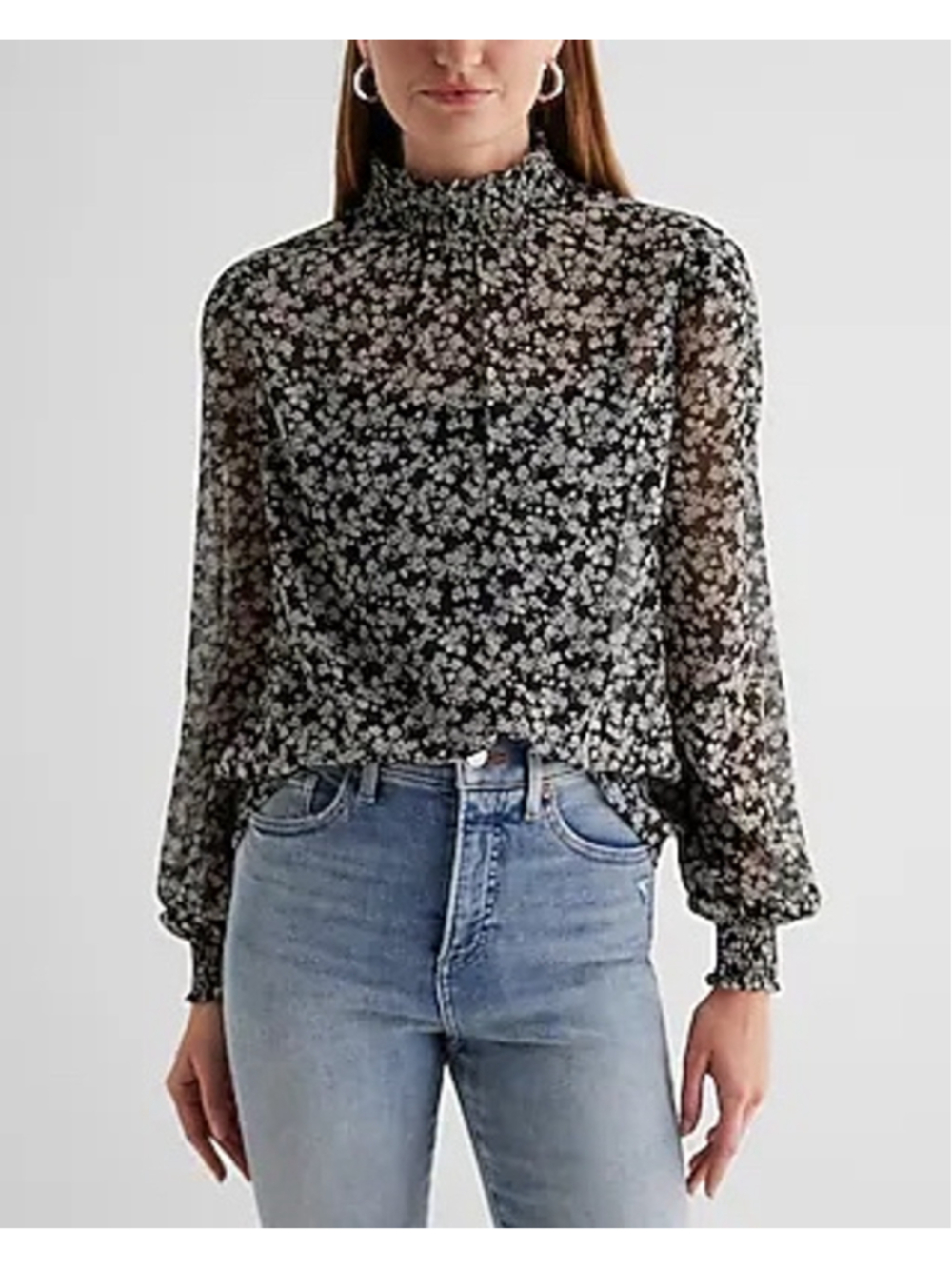 Express New Floral Blouse XS Black White Sheer Long Sleeve Smocked Mock Neck